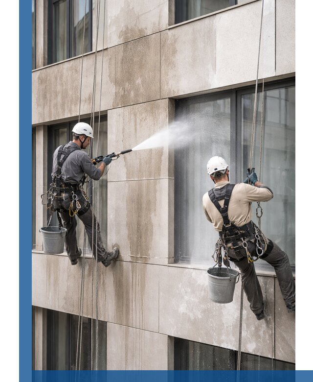 Послестроительная мойка фасада промышленным альпинизмом в Верхнем Уфалее