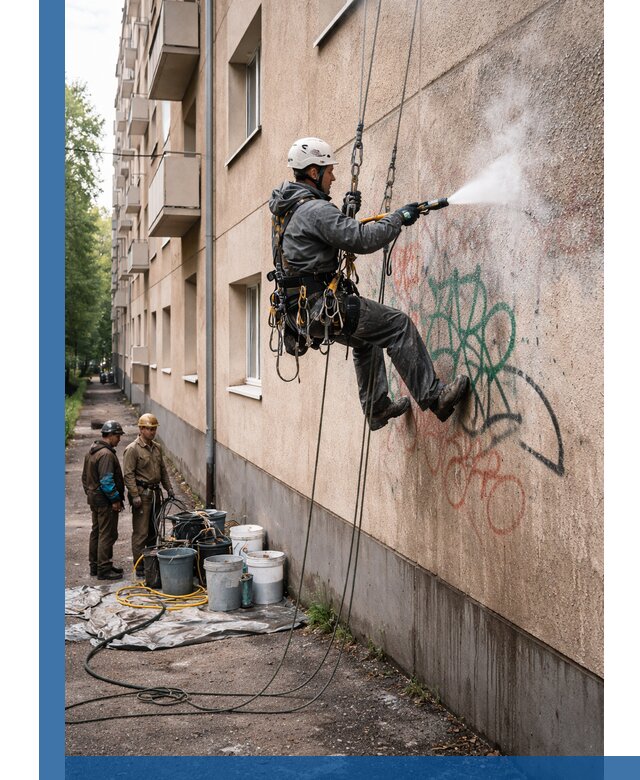 Удаление граффити с фасада в Верхнем Уфалее без следов и повреждений