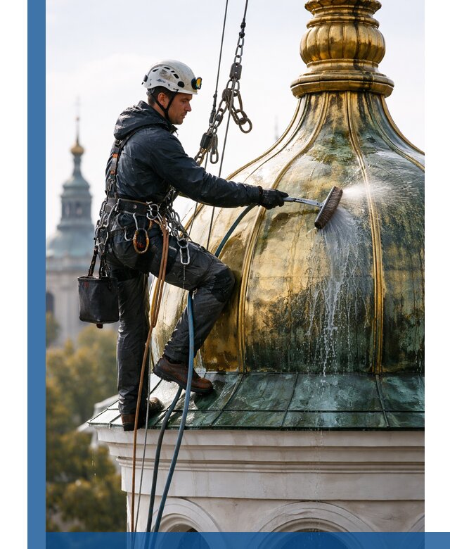 Профессиональная мойка куполов и шпилей высотными альпинистами в Верхнем Уфалее
