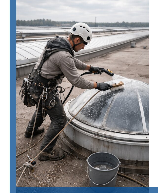 Мойка зенитных фонарей на кровле для промышленных объектов в Верхнем Уфалее