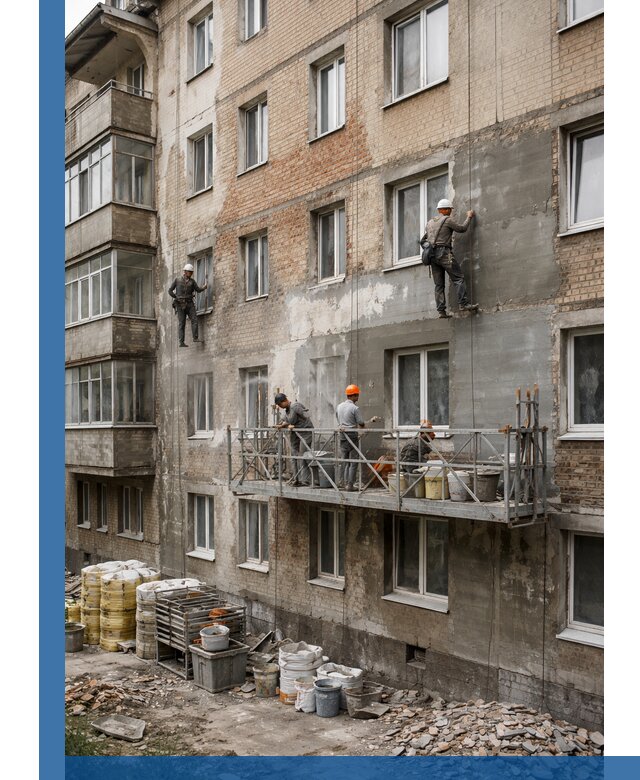 Капитальный ремонт фасада в Верхнем Уфалее с восстановлением и гидроизоляцией