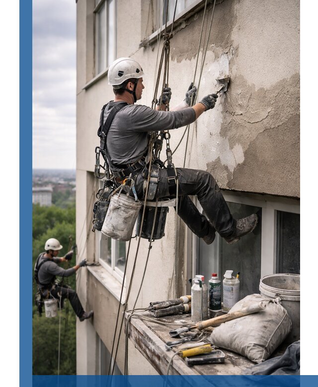 Косметический ремонт фасада зданий в Верхнем Уфалее промышленными альпинистами