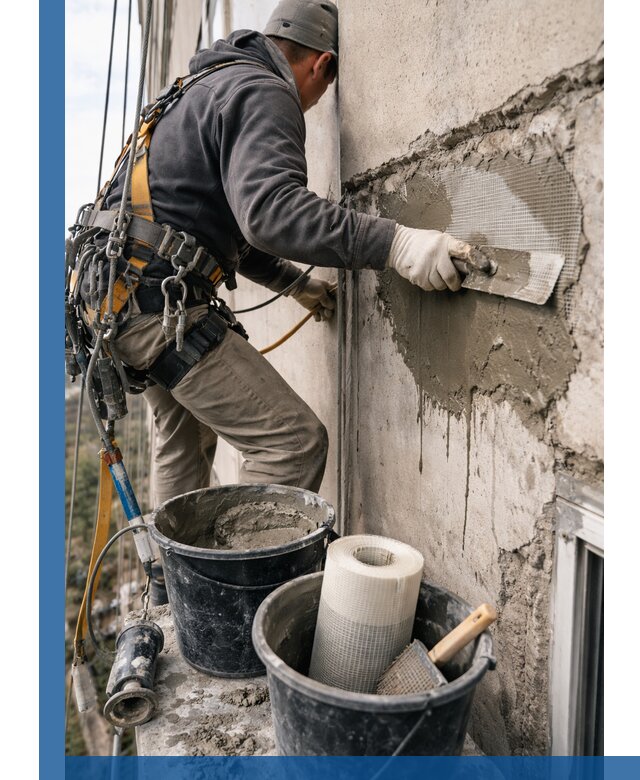 Ремонт бетонных элементов фасада промышленными альпинистами в Верхнем Уфалее