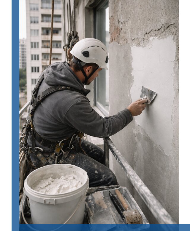 Шпаклевка фасадов на высоте с промальпинистами в Верхнем Уфалее