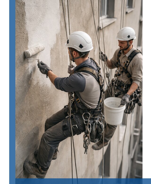 Грунтовка фасада на высоте в Верхнем Уфалее промышленными альпинистами