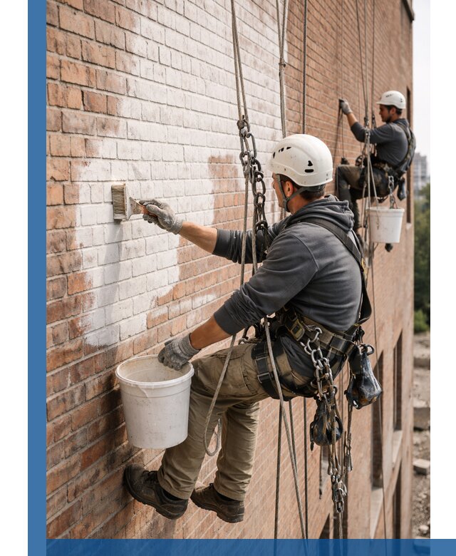 Покраска кирпичного фасада с доступным альпинистским сервисом в Верхнем Уфалее