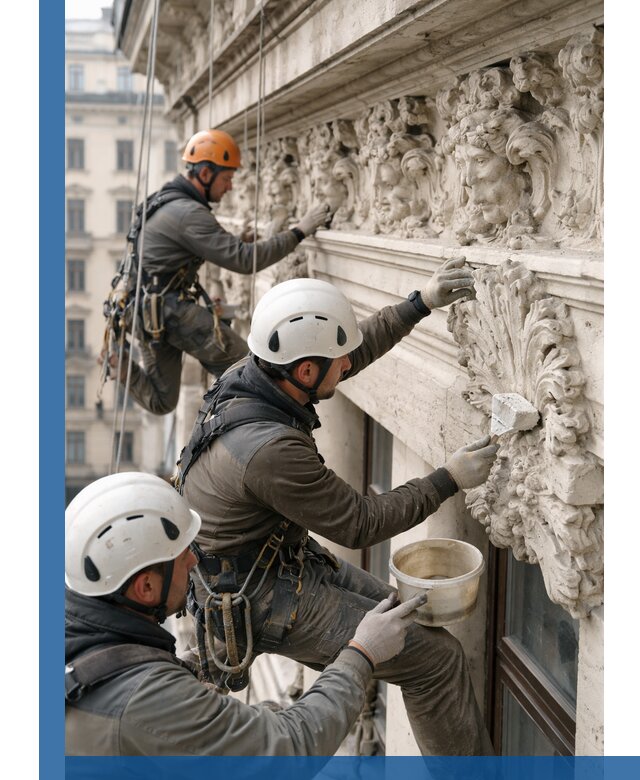 Реставрация фасадной лепнины с высотными работами в Верхнем Уфалее