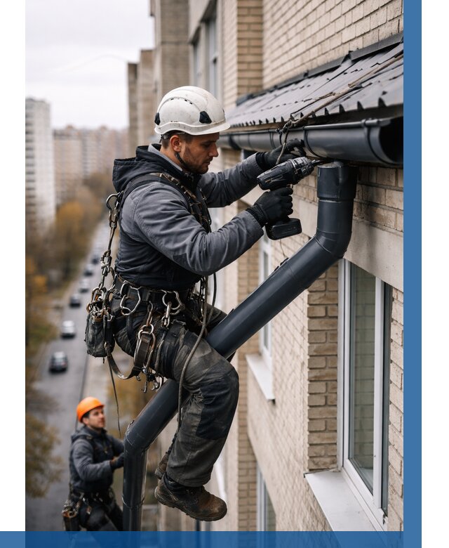 Монтаж водосточной системы на здании в Верхнем Уфалее от 5117 р. | ВЫСОТНИК-Врф