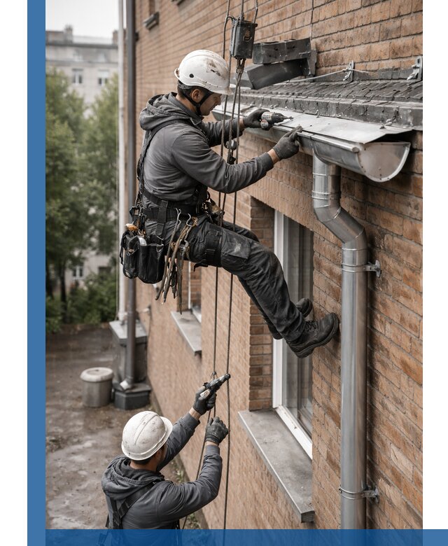 Монтаж водосточной системы на здании в Верхнем Уфалее под ключ