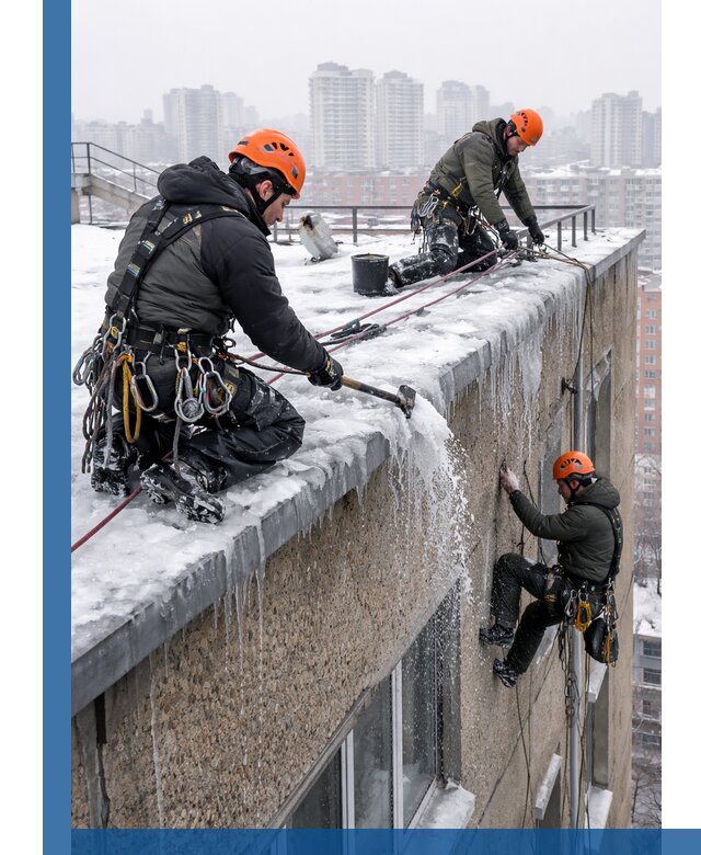 Удаление наледи с кровли в Верхнем Уфалее промышленными альпинистами