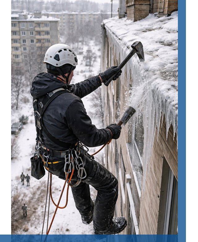 Сбивание сосулек с крыши в Верхнем Уфалее по цене от 4605 р. | ВЫСОТНИК-Врф