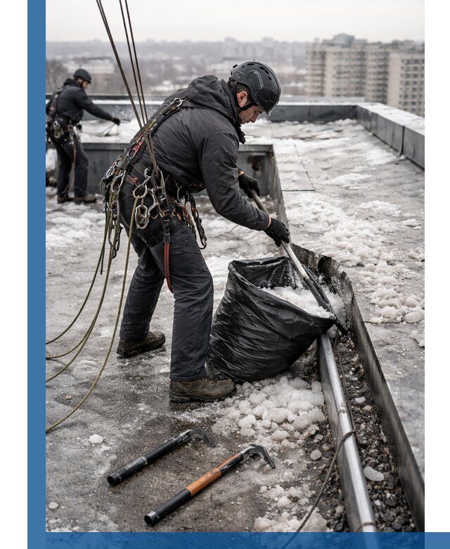 Аварийная очистка кровли в Верхнем Уфалее от промальпинистов