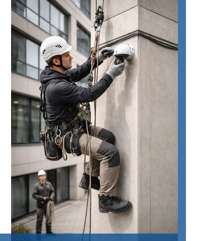 Монтаж камер видеонаблюдения на фасаде в Верхнем Уфалее от 8699 р.-ВЫСОТНИК-Врф