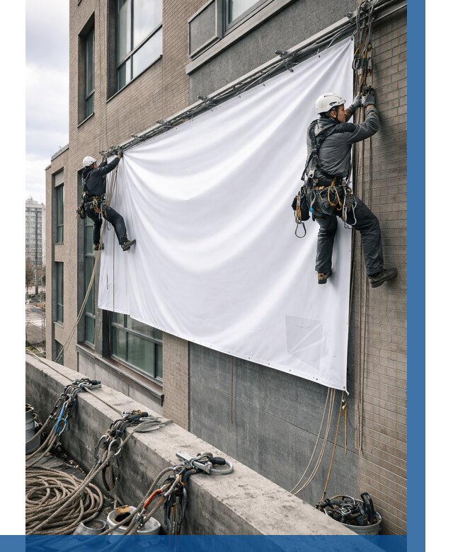 Монтаж баннеров на фасаде в Верхнем Уфалее от 665 р. заказать ВЫСОТНИК-Врф