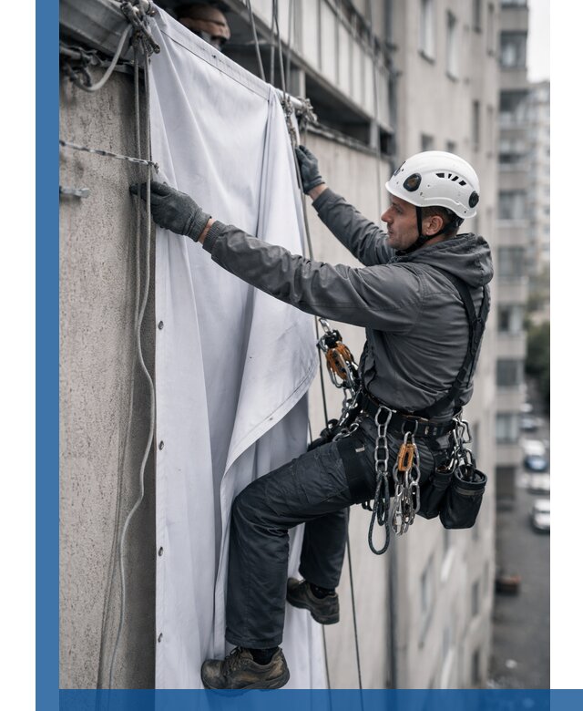 Замена баннерного полотна промышленными альпинистами в Верхнем Уфалее
