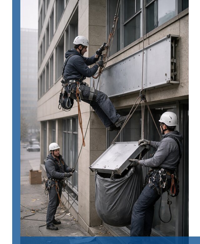 Демонтаж рекламной вывески с высотными работами в Верхнем Уфалее