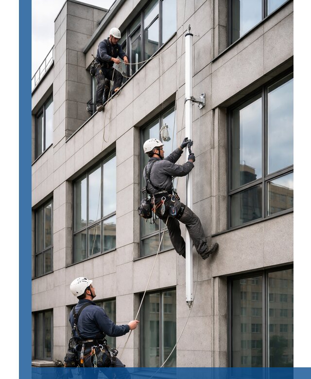 Монтаж флагштока на фасаде здания с креплением и герметикой в Верхнем Уфалее