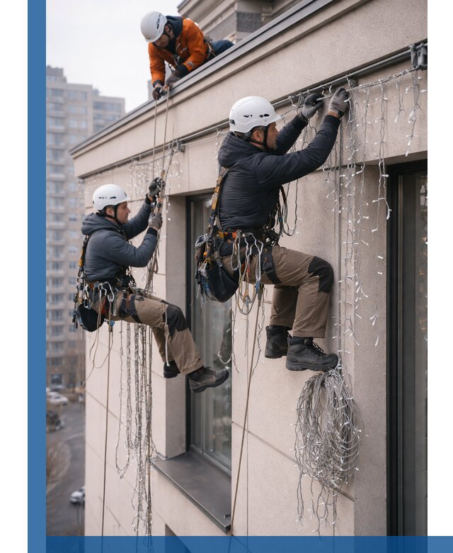 Монтаж праздничных гирлянд на фасаде в Верхнем Уфалее для зданий