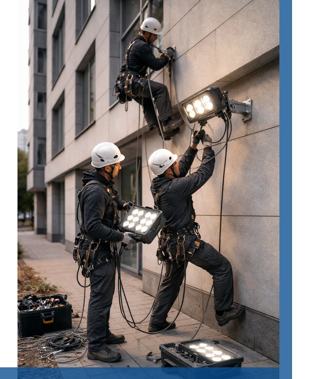 Монтаж прожекторов на фасаде в Верхнем Уфалее от 7676 р. | ВЫСОТНИК-Врф