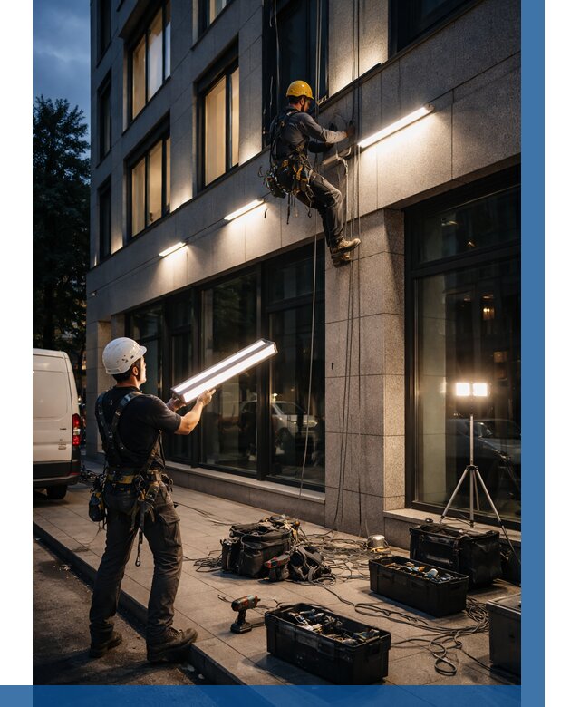 Монтаж архитектурной подсветки здания в Верхнем Уфалее от 2559 р.|ВЫСОТНИК-Врф