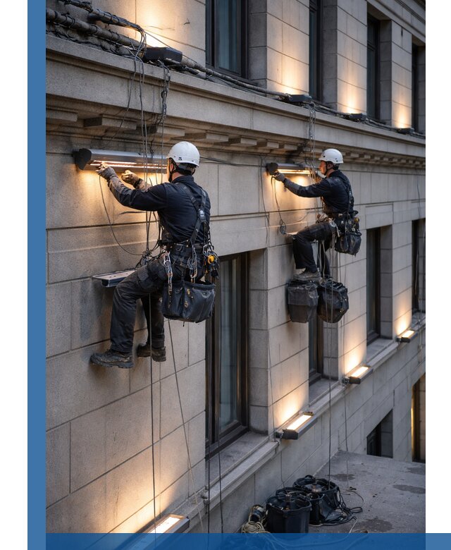 Монтаж архитектурной подсветки фасадов зданий в Верхнем Уфалее