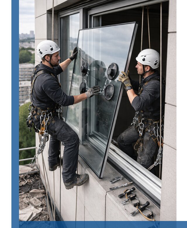 Замена стеклопакетов на высоте с промышленными альпинистами в Верхнем Уфалее