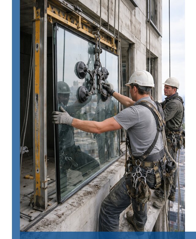 Монтаж стеклопакетов на высоте в Верхнем Уфалее с промышленным альпинизмом