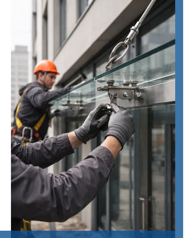 Монтаж стеклянных козырьков в Верхнем Уфалее от 8699 р. | ВЫСОТНИК-Врф