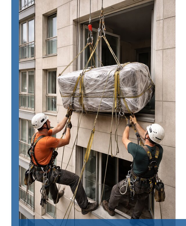 Подъем грузов через окно в Верхнем Уфалее промышленными альпинистами