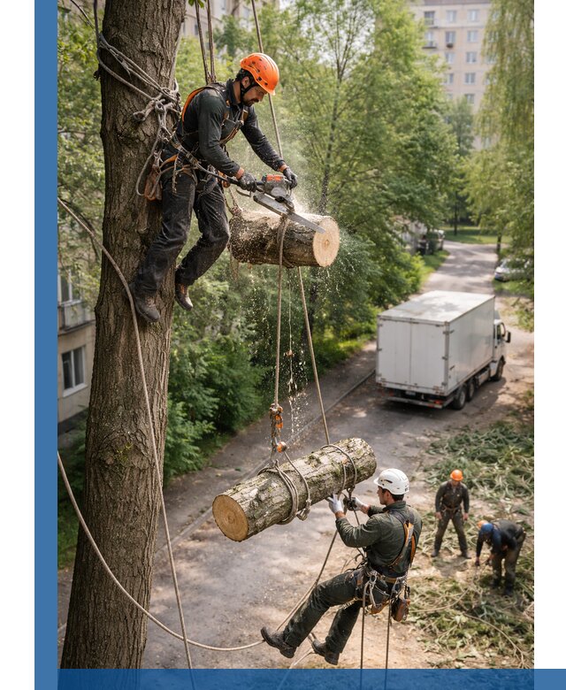 Спил деревьев альпинистами в Верхнем Уфалее, безопасно и без повреждений