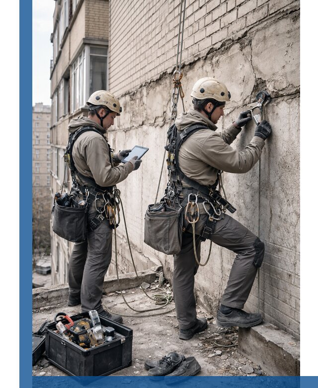 Обследование фасада промышленными альпинистами в Верхнем Уфалее